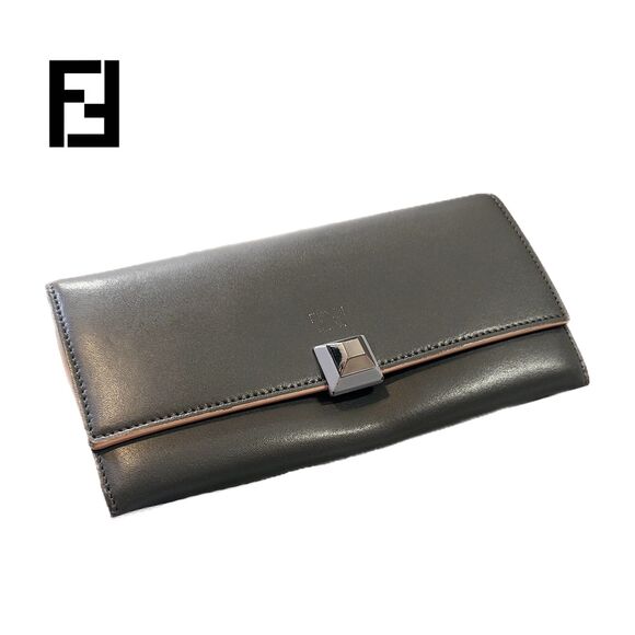 Fendi (Authentic) Gray Leather FF Baguette Long Fold-over Wallet w/ Pink Trim - Picture 1 of 12